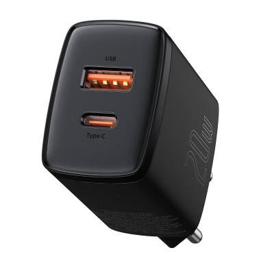 Ładowarka sieciowa Baseus Compact Quick Charger, USB, USB-C, 20W czarna