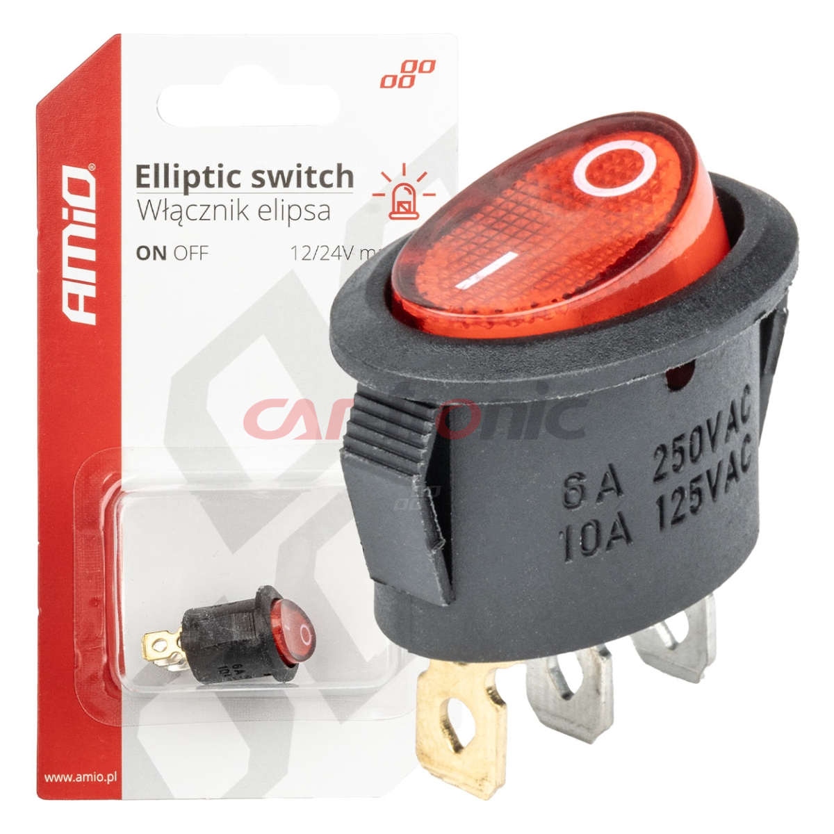 Włącznik przełącznik czerwonym owalny 12V 230V podświetlany BU01 AMIO-03612
