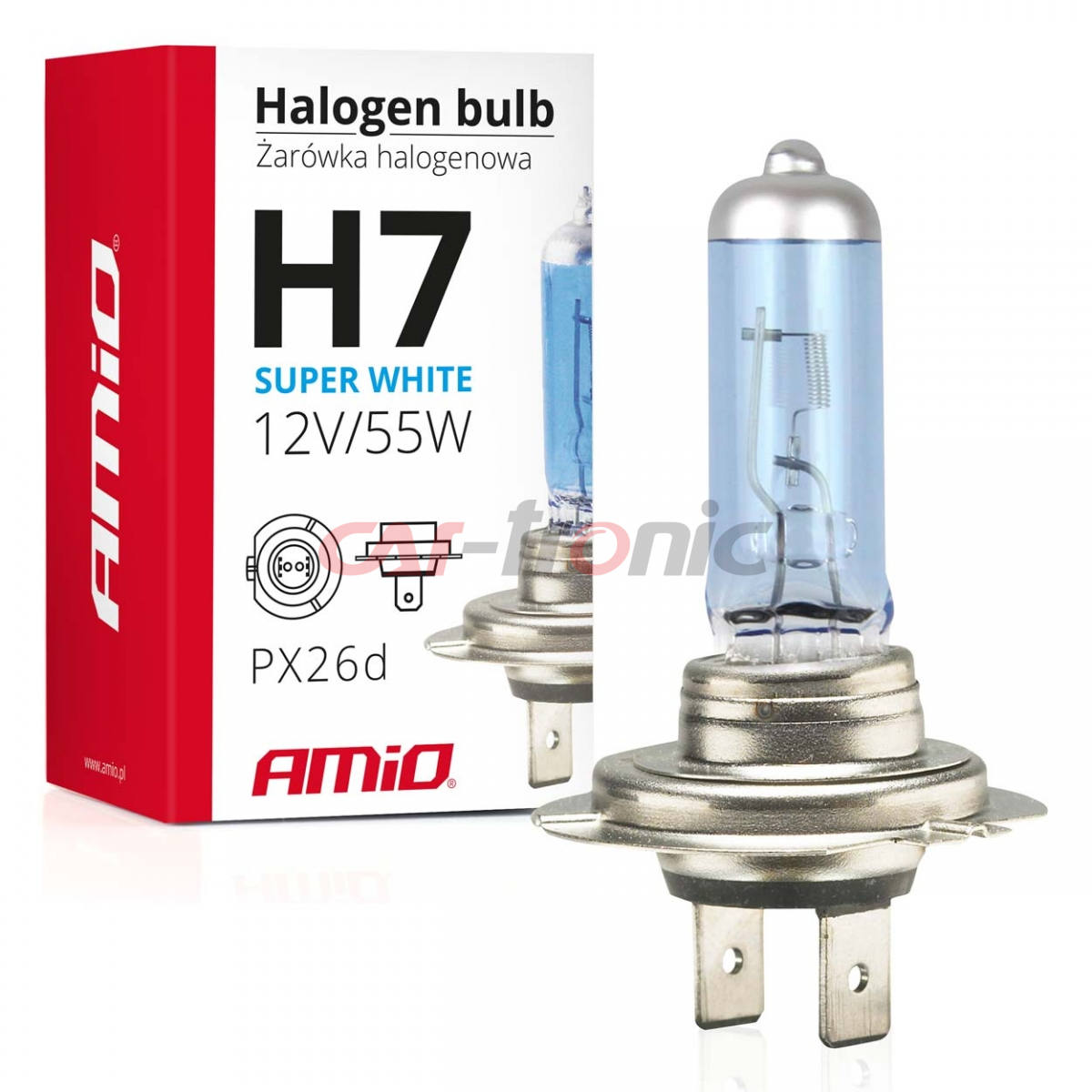Żarówka halogenowa H7 12V 55W filtr UV (E4) Super White AMIO-01157