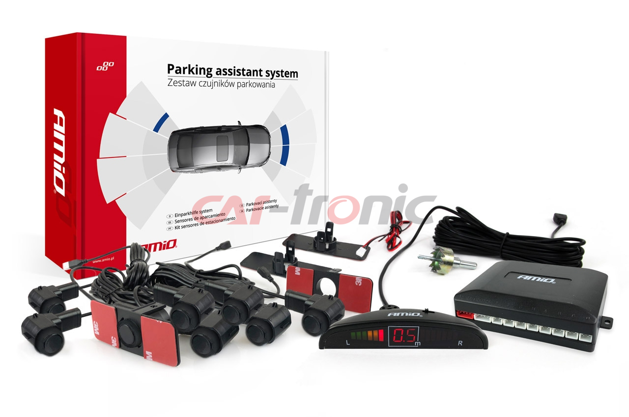 Zestaw czujników parkowania cofania LED 8 sensorów czarne wewnętrzne 16,5 mm AMIO-02256