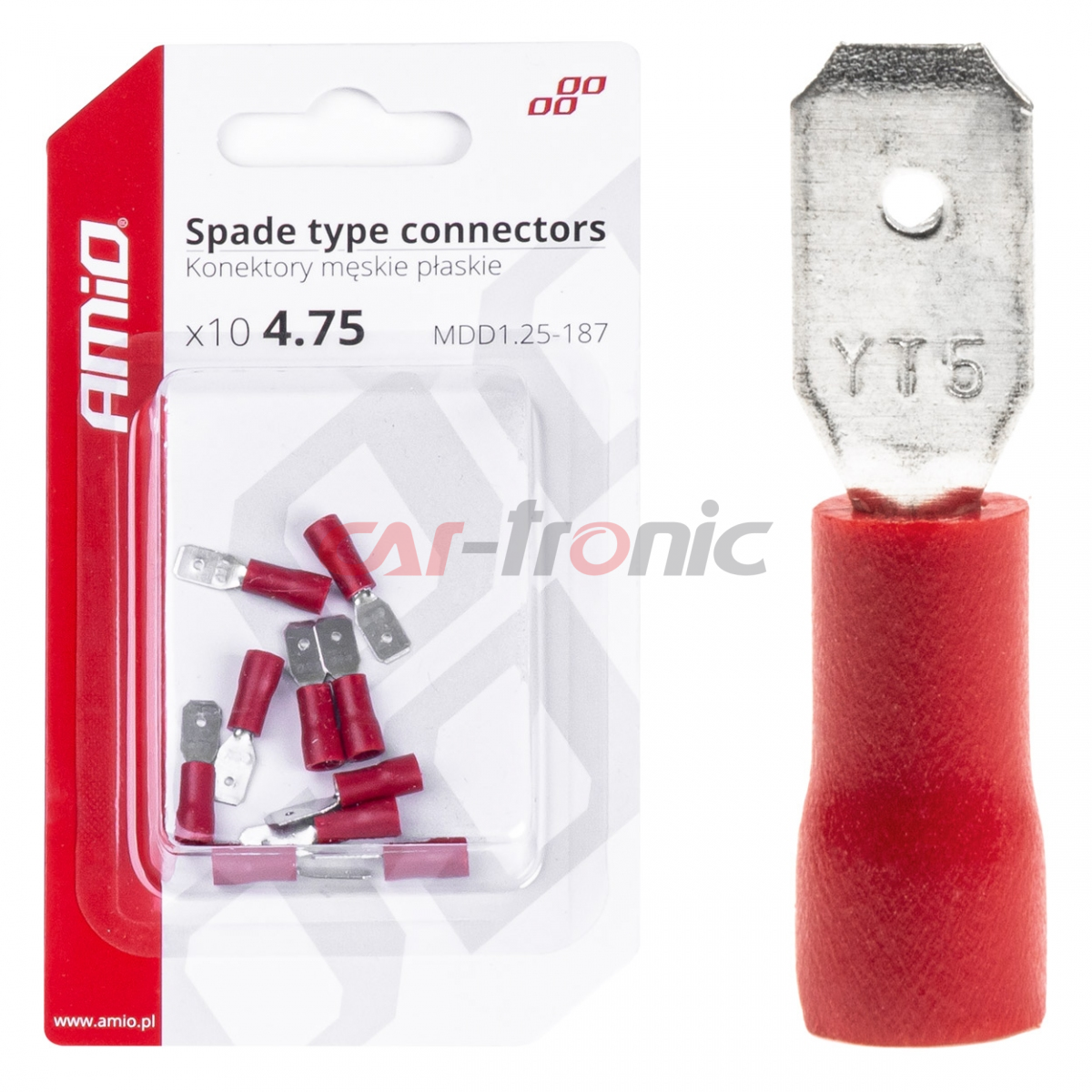 Konektory izolowane męskie płaskie 4.75mm 0.5-1.5mm2 10A 10 szt. AMIO-03065