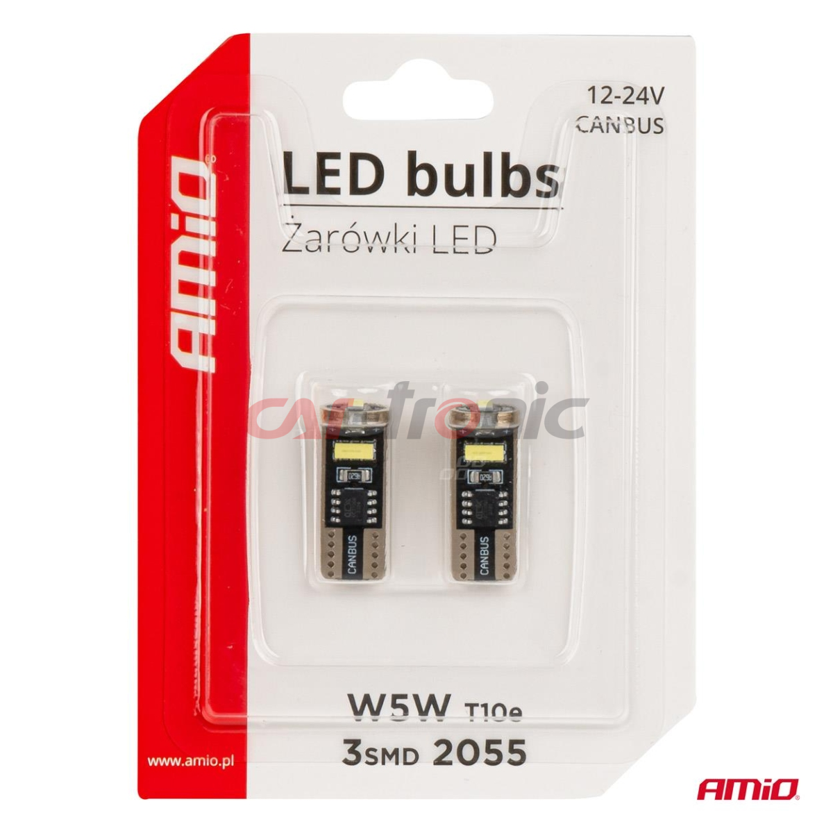Żarówki LED CANBUS T10e W5W 3x2055 SMD White 12V 24V AMIO-03720