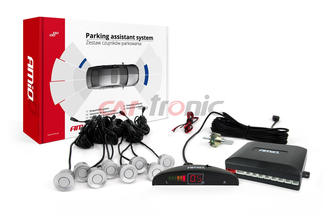 Zestaw czujników parkowania cofania LED 8 sensorów srebrne AMIO-01598