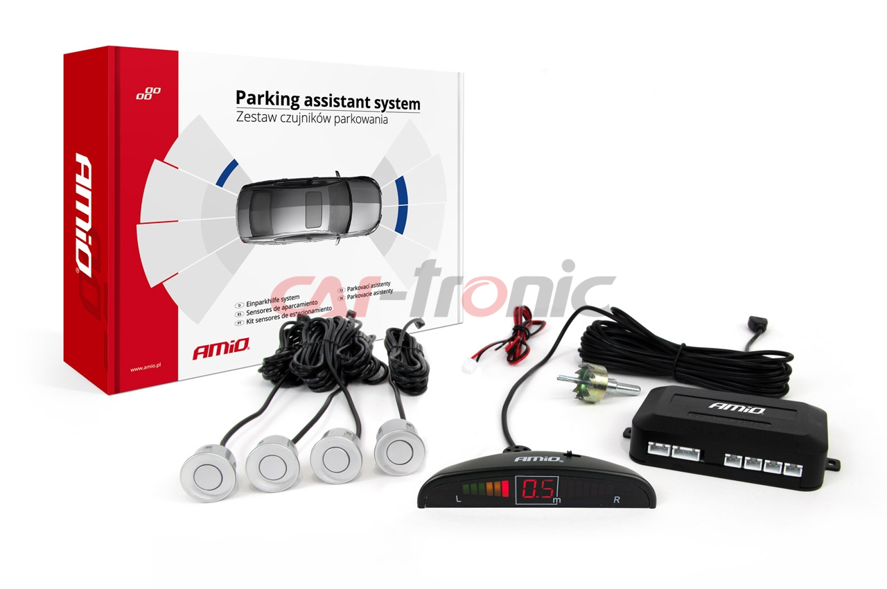 Zestaw czujników parkowania cofania LED 4 sensory srebrne AMIO-01564
