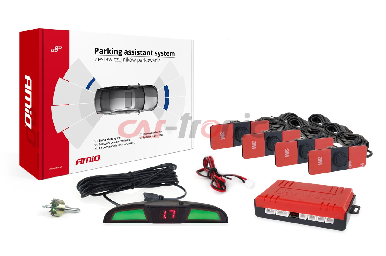Zestaw czujników parkowania cofania LED COB 4 sensory czarne wewnętrzne 16,5 mm AMIO-02285