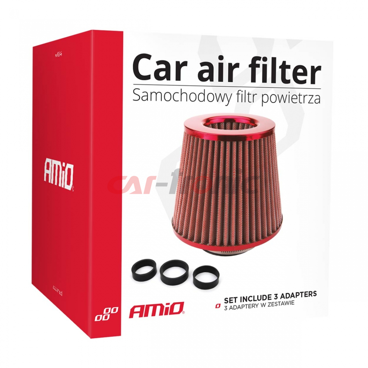Filtr powietrza stożkowy uniwersalny czerwony + 3 adaptery AMIO-01042