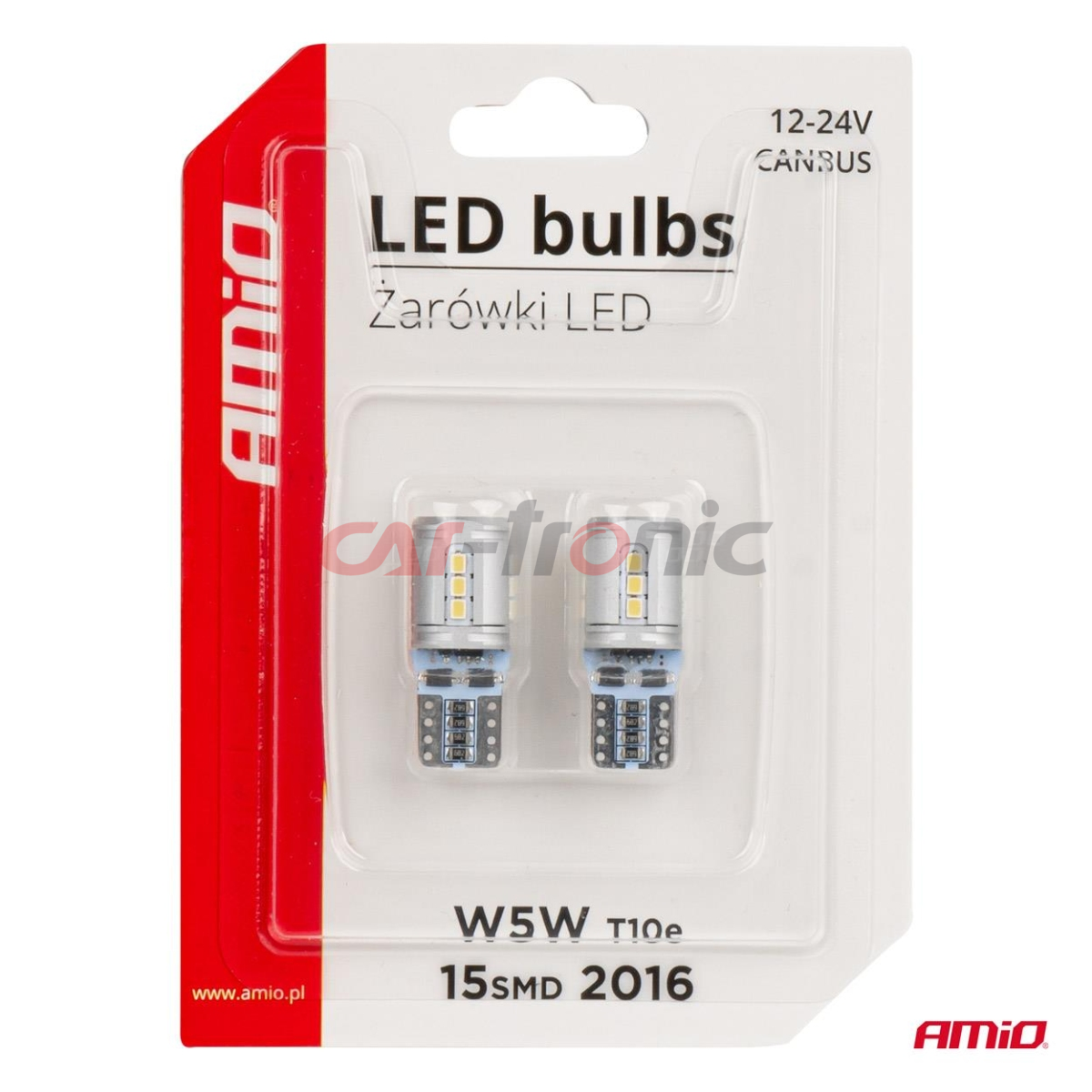 Żarówki LED CANBUS T10e W5W 15x2016 SMD White 12V 24V AMIO-03723