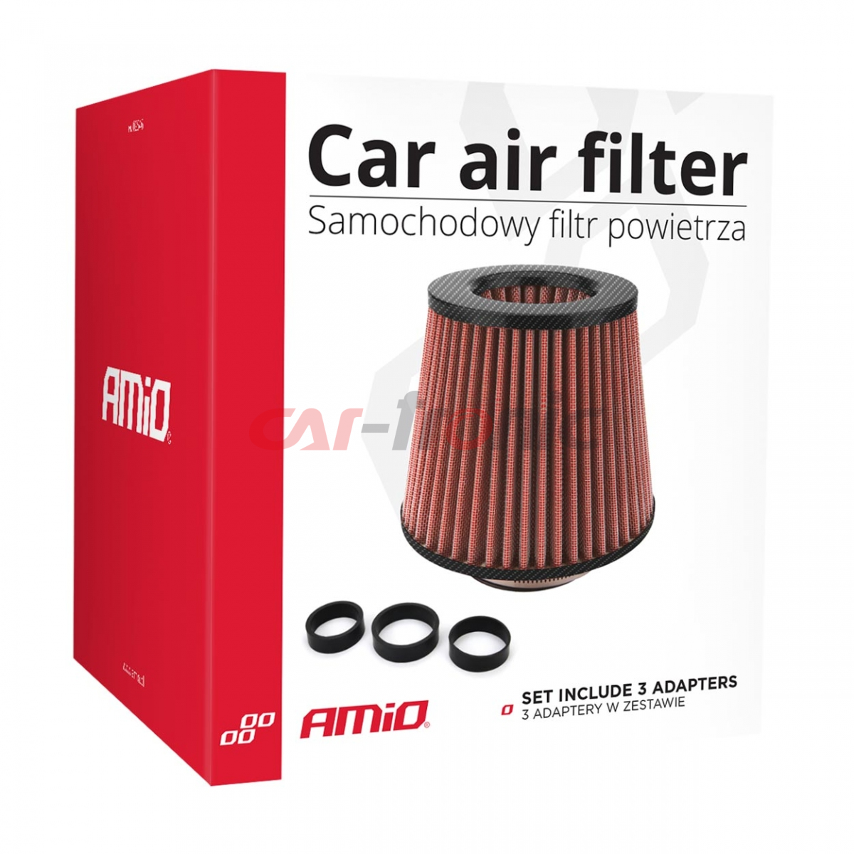 Filtr powietrza stożkowy uniwersalny czerwony/carbon + 3 adaptery AMIO-01713