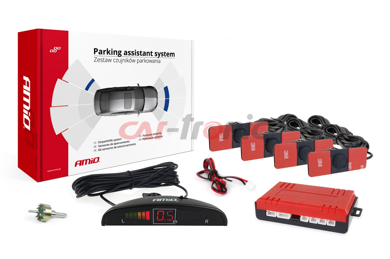 Zestaw czujników parkowania cofania LED 4 sensory czarne wewnętrzne 16,5 mm AMIO-02255