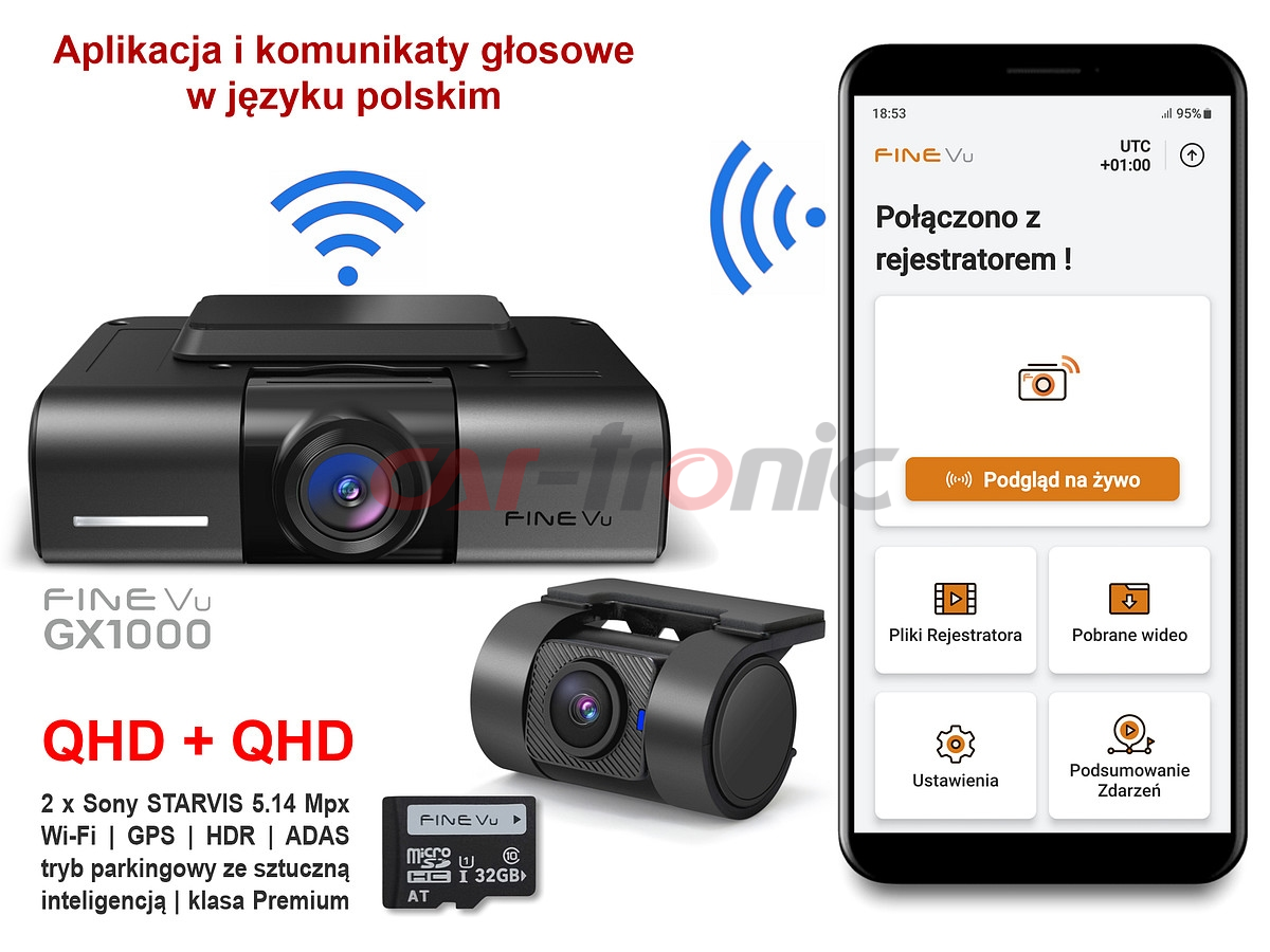 Wideorejestrator FineVu GX1000 / 2x Quad HD 2560x1440p (30 kl./s) WiFi, GPS, Fotoradary, karta 32 GB