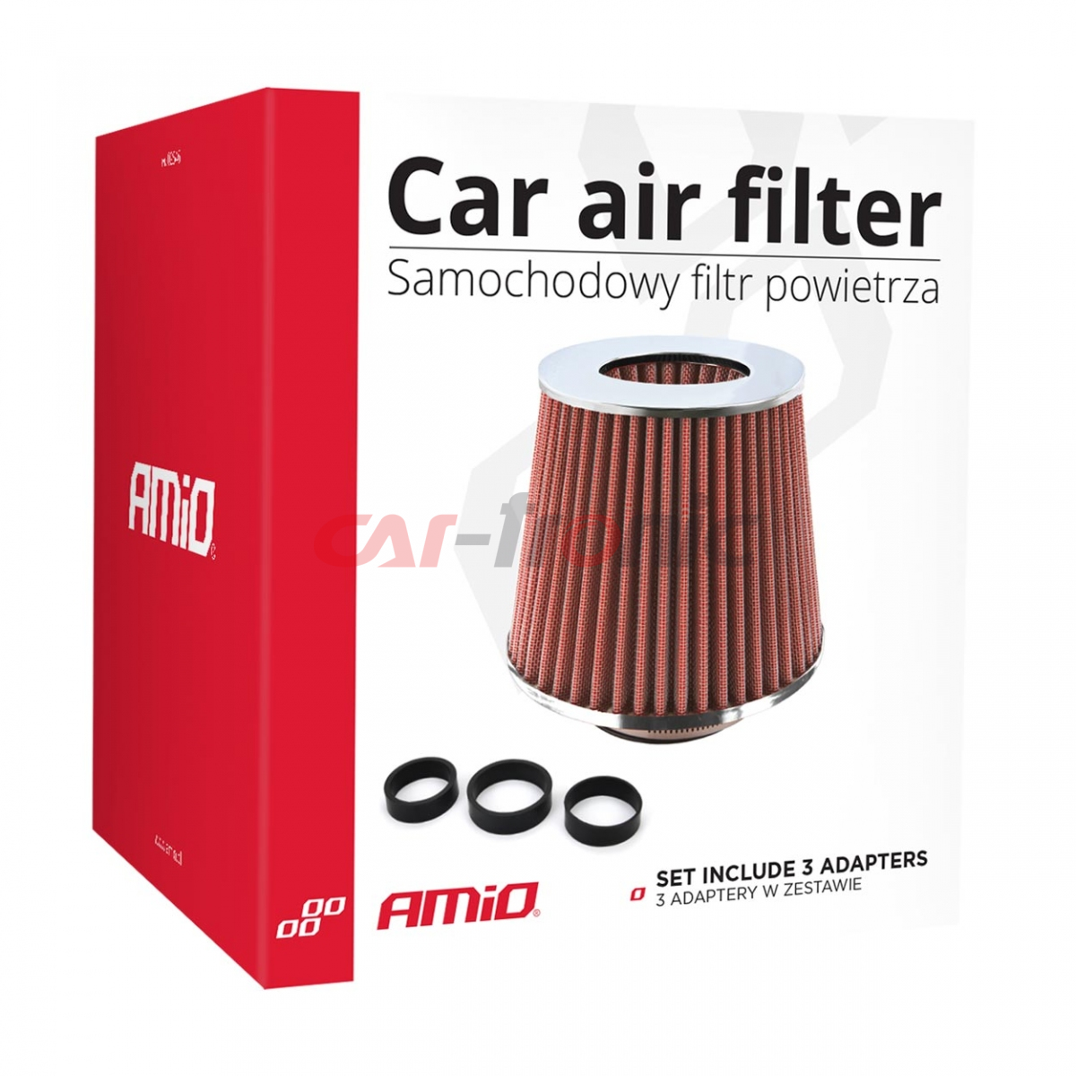 Filtr powietrza stożkowy uniwersalny czerwony/chrom + 3 adaptery AMIO-01282