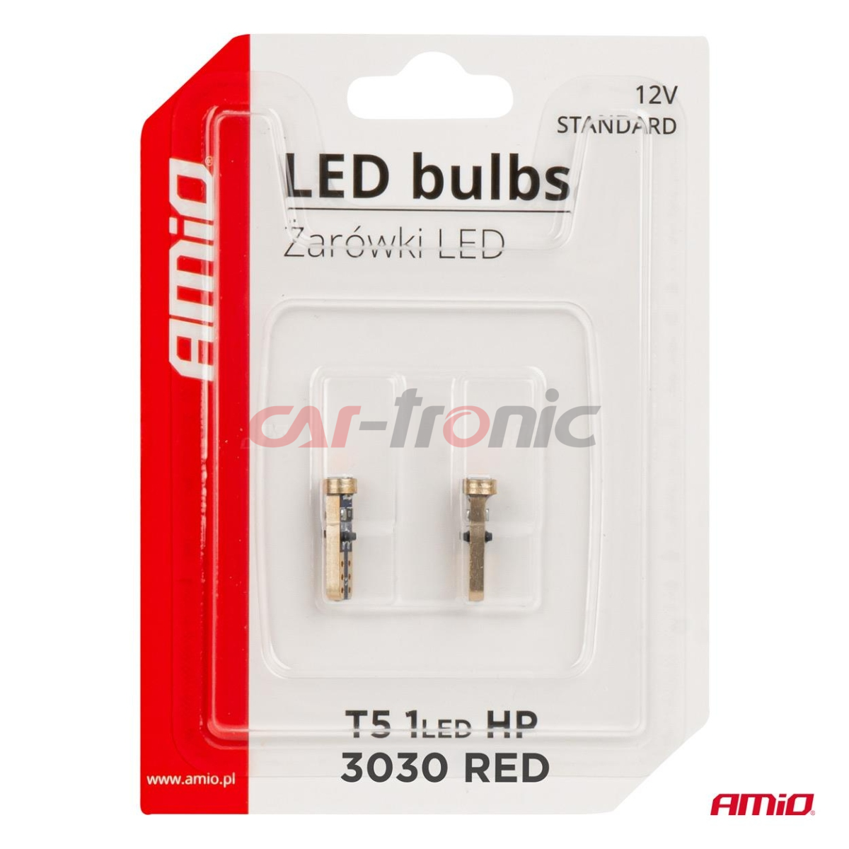 Żarówki LED STANDARD Red czerwone W1W T5 12V 3030 1LED HP AMIO-03727