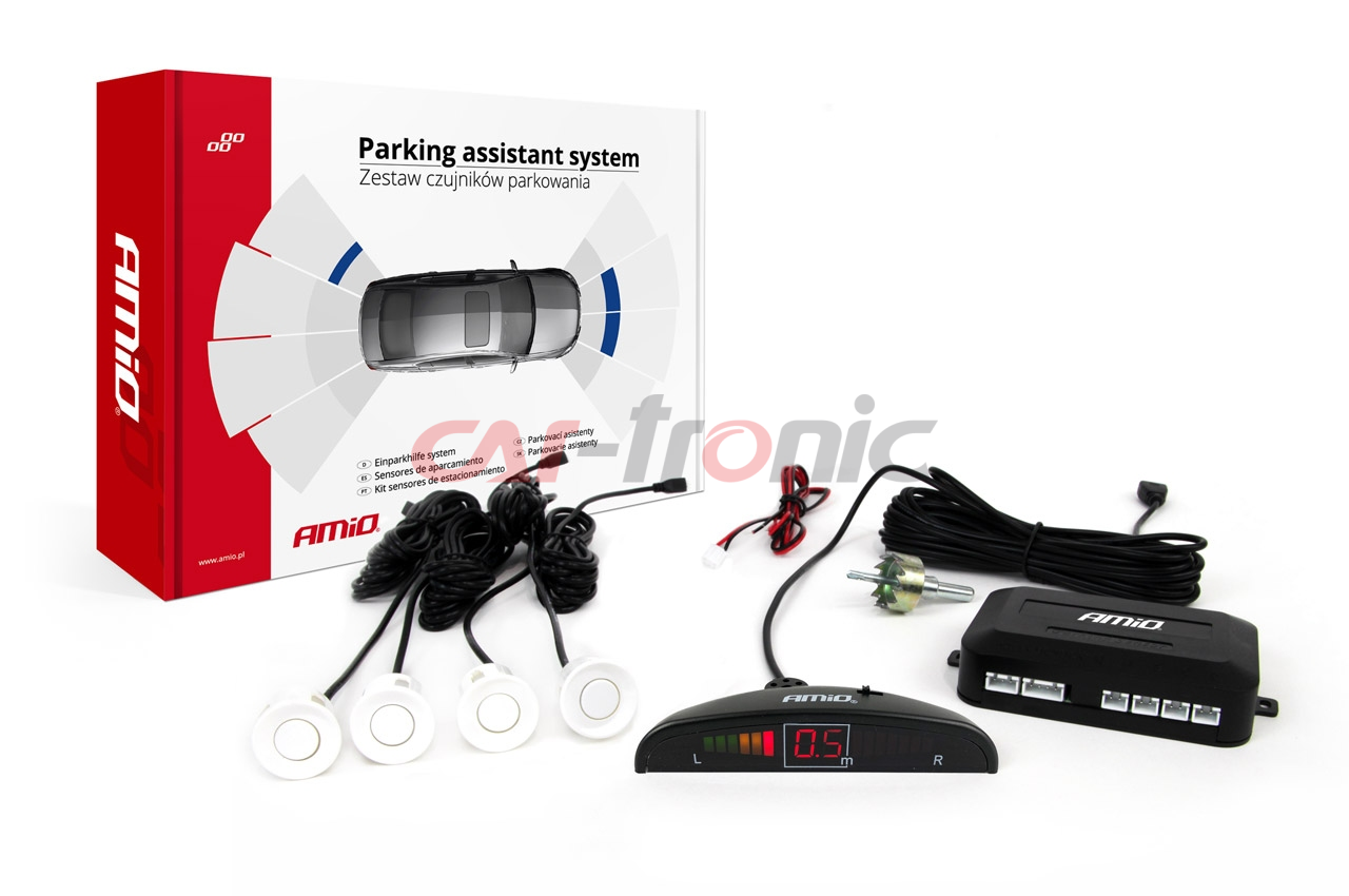 Zestaw czujników parkowania cofania LED 4 sensory białe AMIO-01566