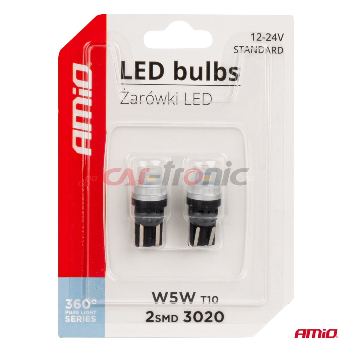 Żarówki LED 360 Pure Light Series STANDARD T10 W5W 2x3020 SMD White 12V 24V AMIO-03726