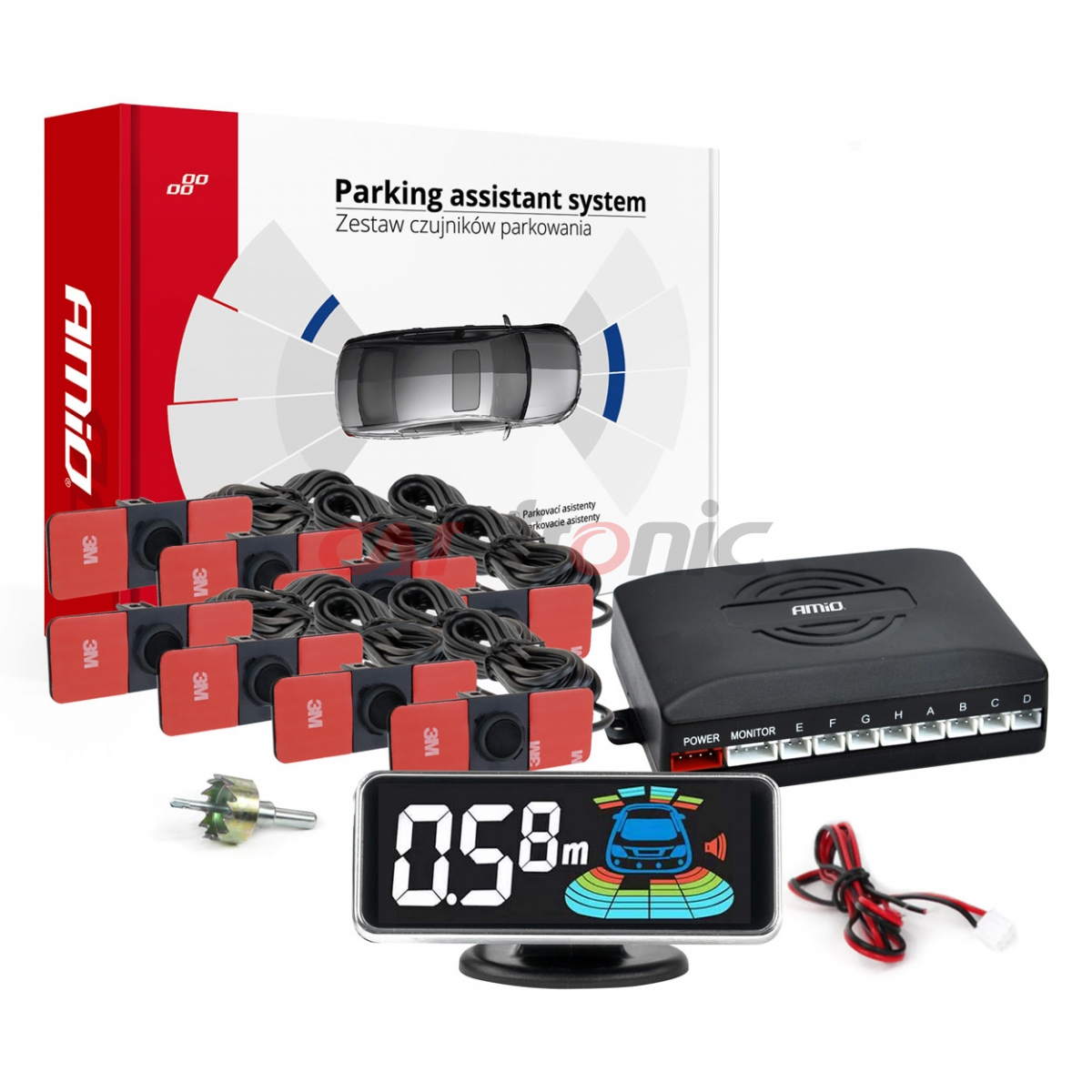 Czujniki parkowania cofania czarne wewnętrzne 16,5mm 8szt LED 3D AMIO-03196