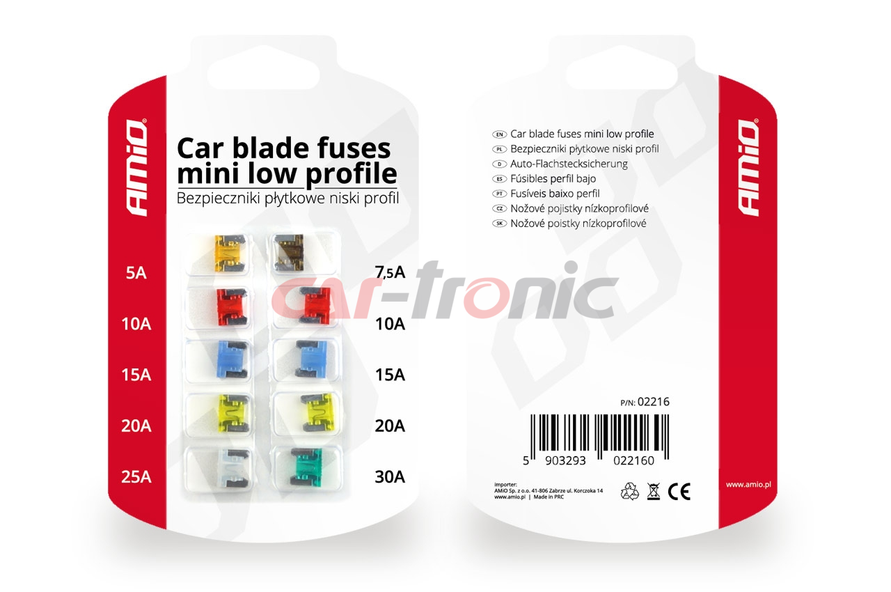 Bezpieczniki samochodowe płytkowe niski profil zestaw komplet 10 szt. AMIO-02216