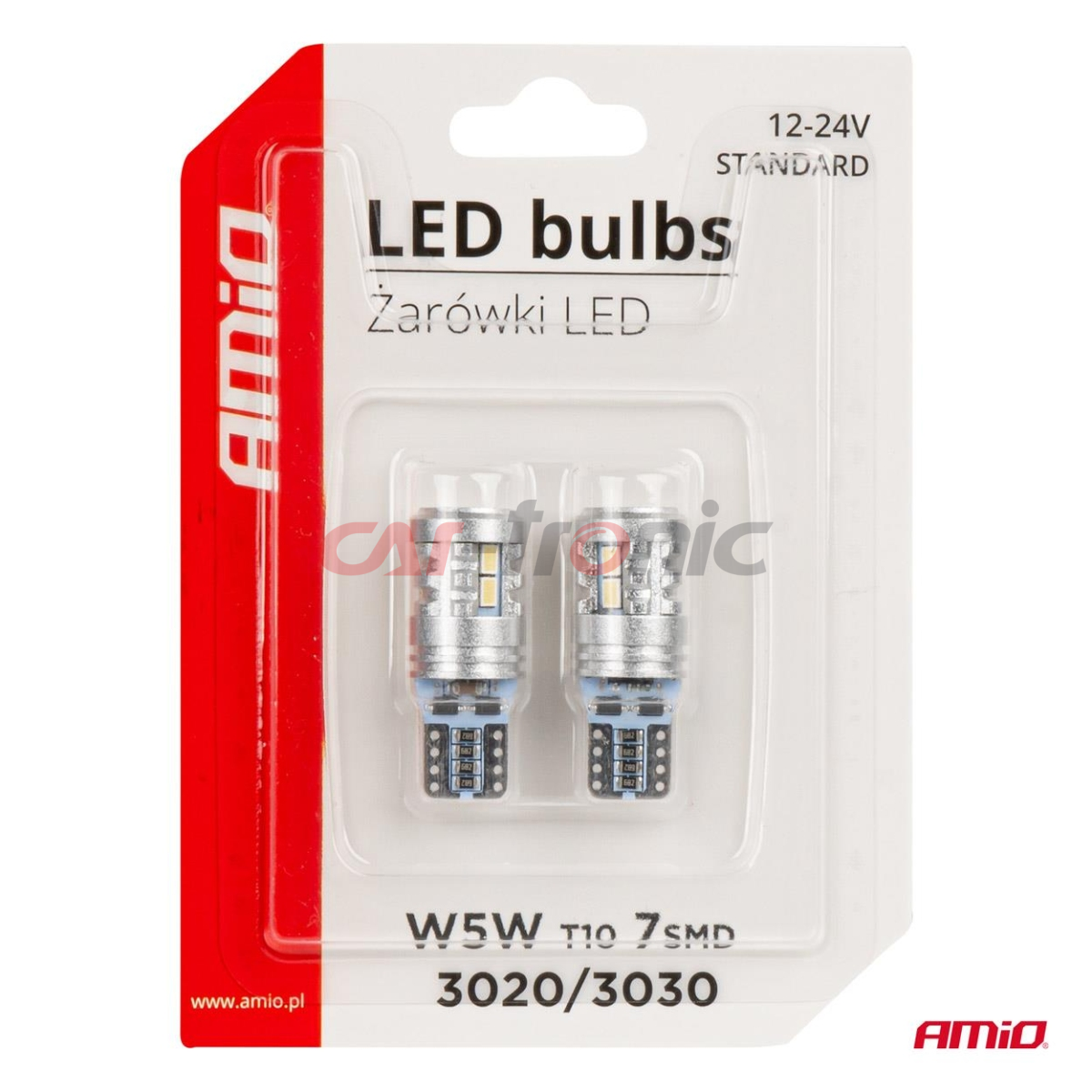 Żarówki LED STANDARD T10 W5W 6x3020 + 1x3030 SMD White 12V 24V AMIO-03718