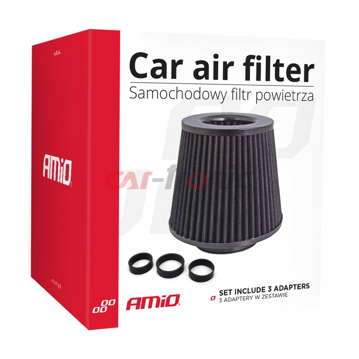 Filtr powietrza stożkowy uniwersalny czarny + 3 adaptery AMIO-02546