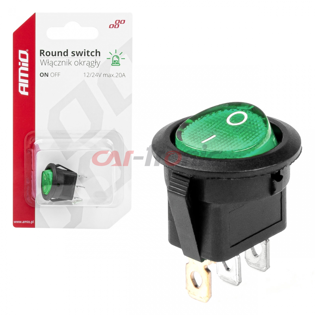 Włącznik przełącznik okrągły z zielonym podświetleniem AMIO-03084