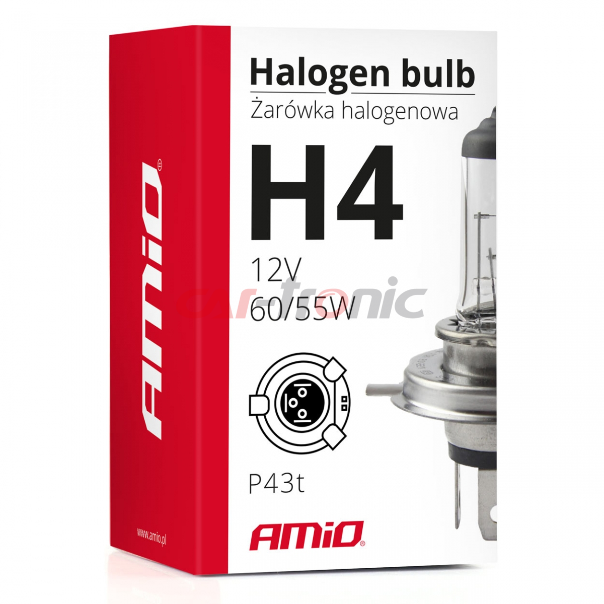 Żarówka halogenowa H4 12V 60/55W filtr UV (E4) AMIO-01268
