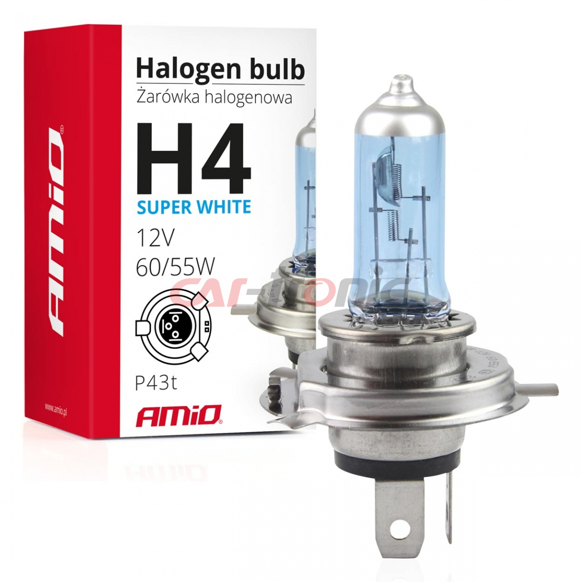 Żarówka halogenowa H4 12V 60/55W filtr UV (E4) Super White AMIO-01269