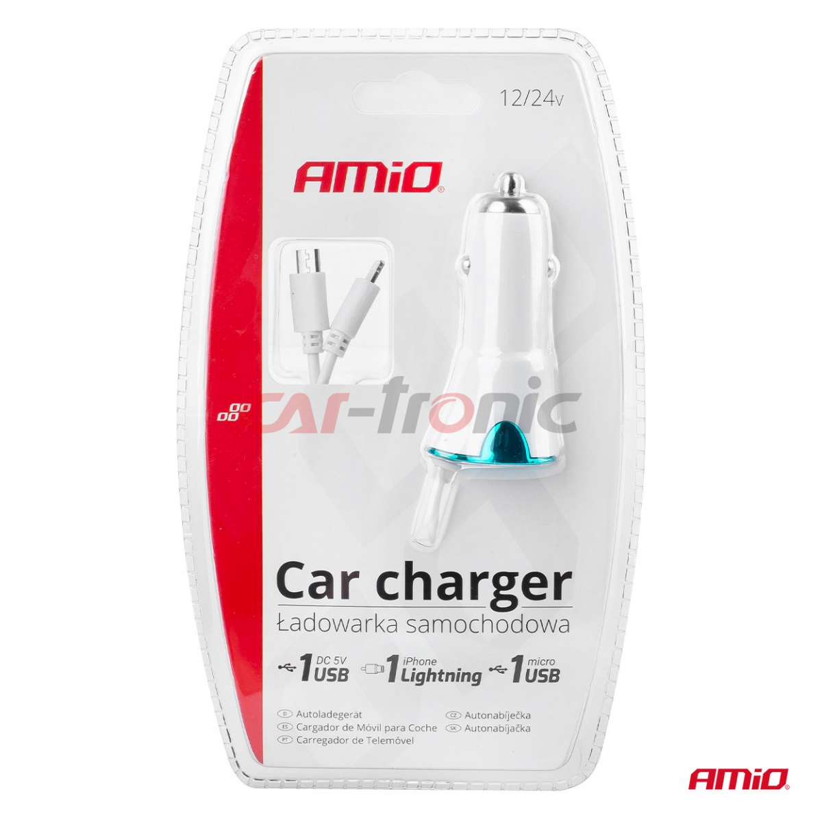 Ładowarka samochodowa USB + microUSB + iPhone lighting PCH-05 AMIO-01264