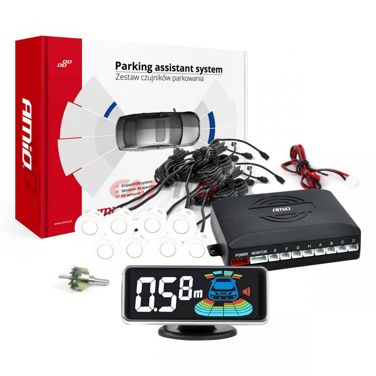 Czujniki parkowania cofania białe LED 3D przód tył AMIO-03194